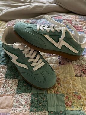 Low-Top Suede Sneakers in Teal with White Trim